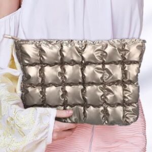 NEW Quilted Padded Puffy Clutch Pouch Cosmetic Bag Champagne Gold Puff Puffer